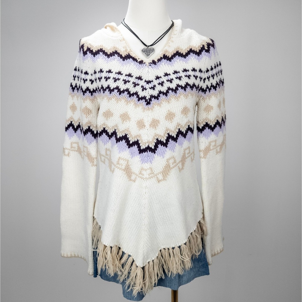 Vintage Boho Knit Fringe Hoodie -‎ Fair Isle Cream Sweater - 90s Cozy Y2K